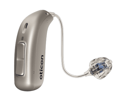 A close up of a hearing aid on a white background.