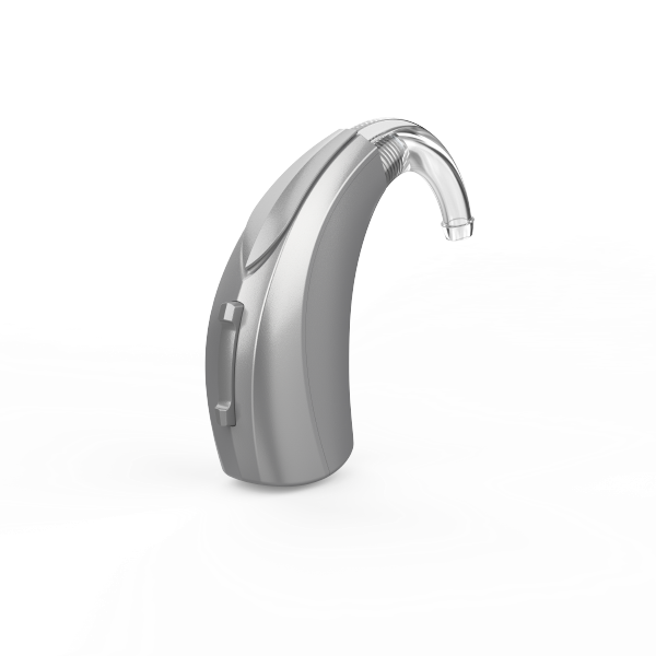 A silver hearing aid on a white background
