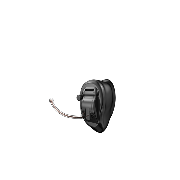 A close up of a hearing aid on a white background.
