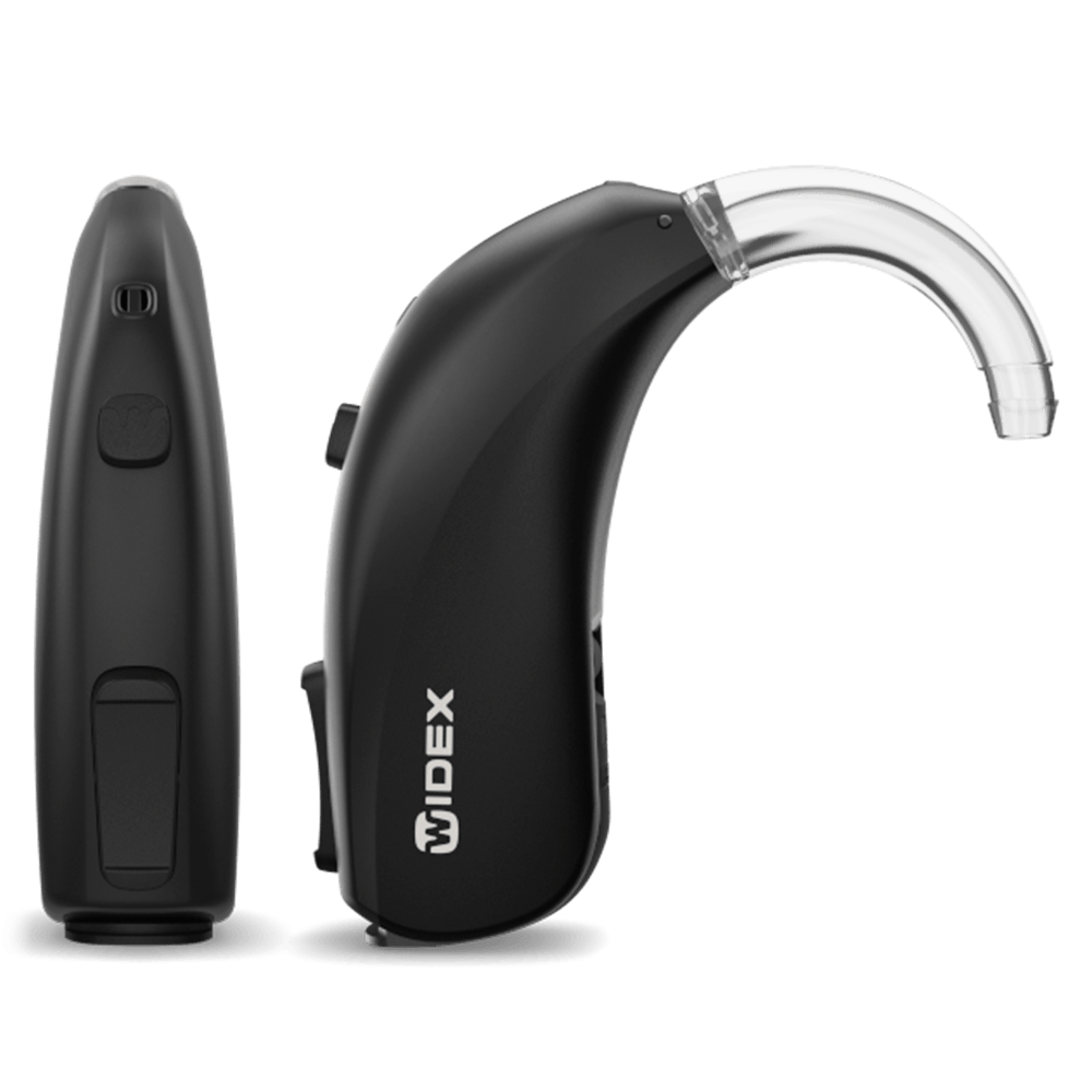 A pair of black widex hearing aids on a white background