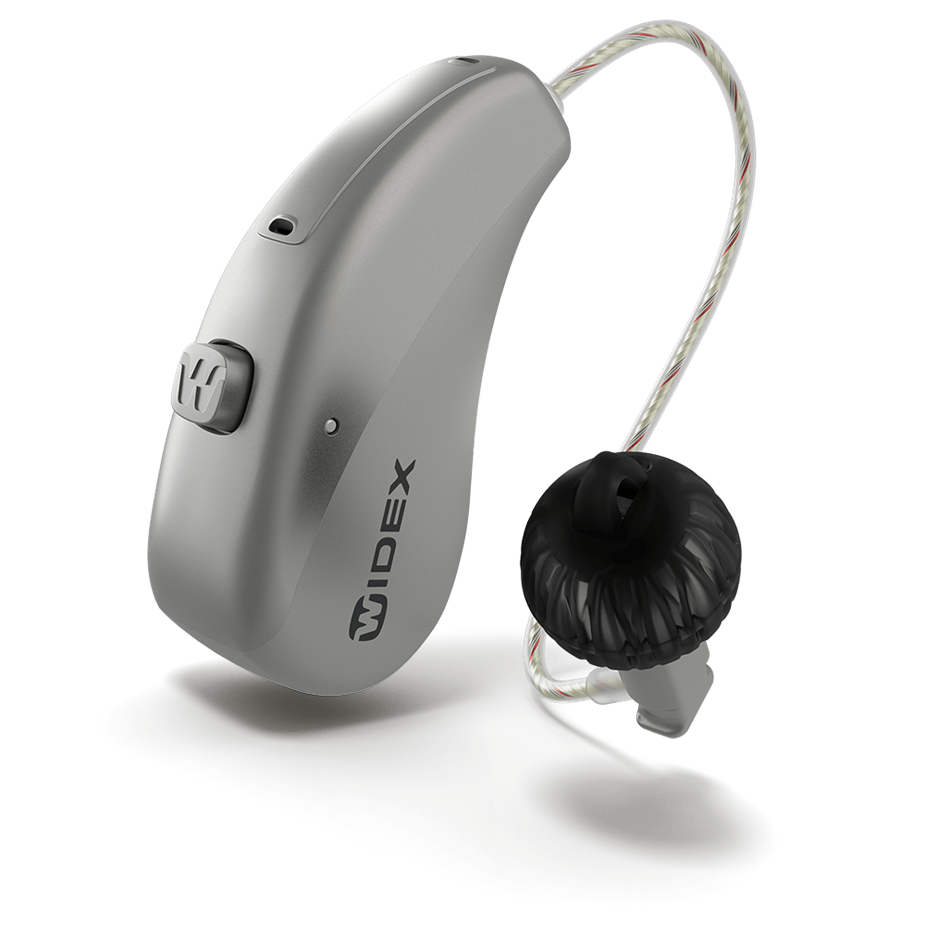 A widex hearing aid is sitting on a white surface