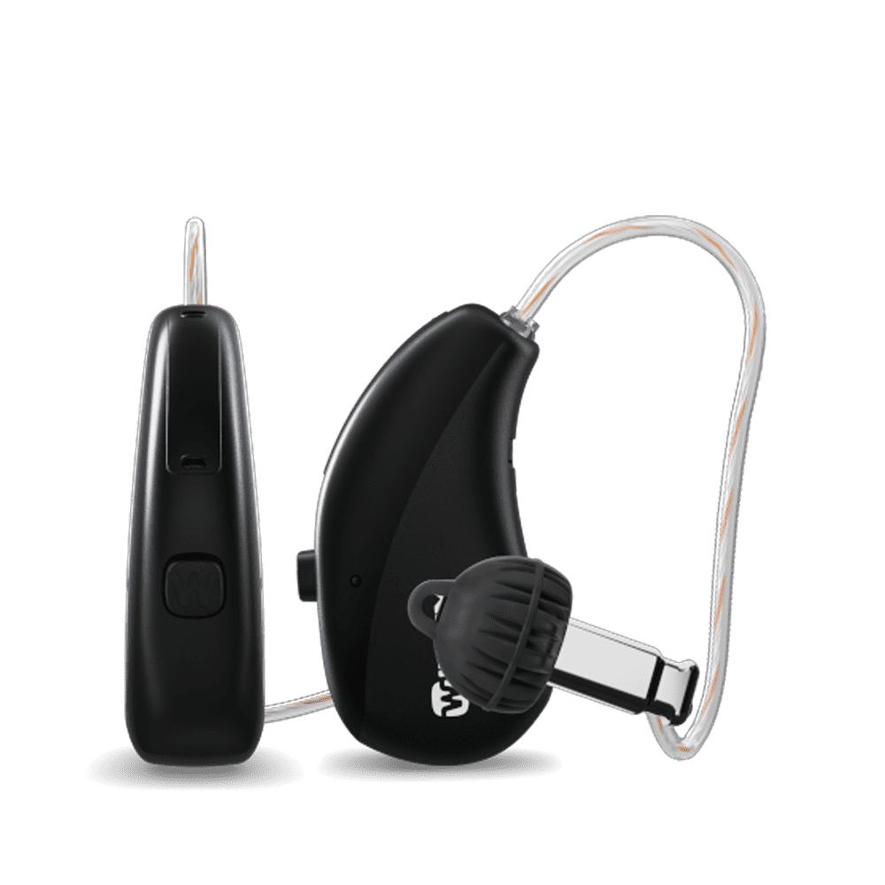 A pair of black hearing aids on a white background.