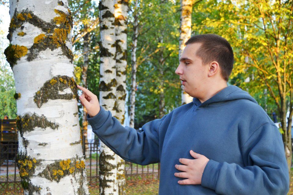 a young autistic guy tactilely touches a birch tree
