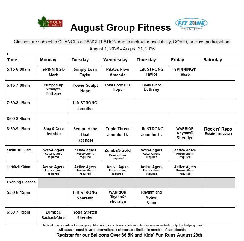 A weekly schedule for july group fitness is shown.