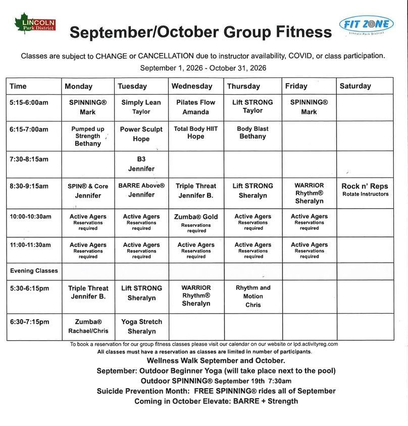 A weekly schedule for july group fitness is shown.