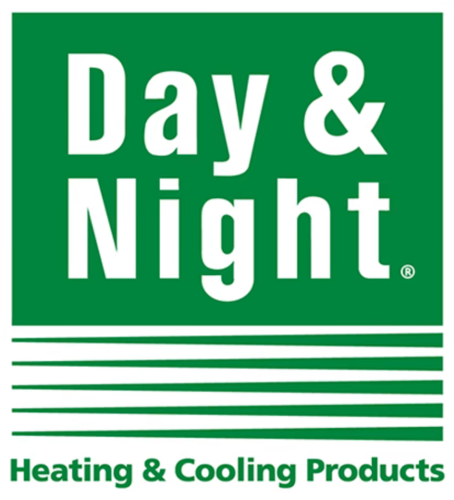 Day & Night heating and cooling products logo; green and white text on a green square.