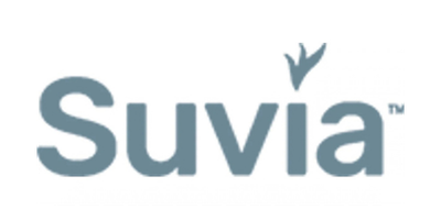 Suvia logo in blue-gray text with a stylized leaf icon above the “v”