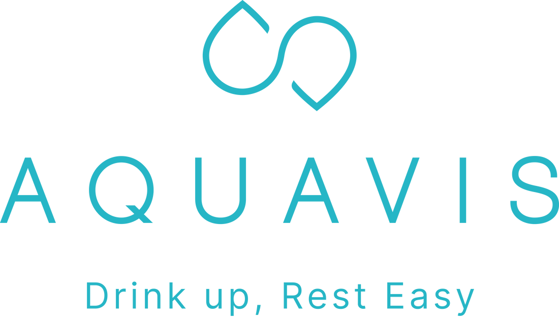 Aquavis logo in turquoise with the tagline “Drink up, Rest Easy”