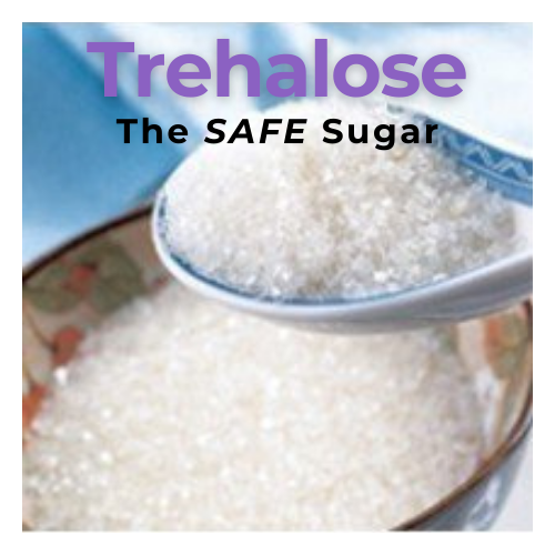 Trehalose sugar in a spoon over a bowl, with text “Trehalose The SAFE sugar”