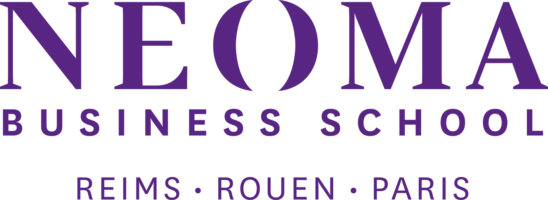 Logotipo morado de NEOMA Business School con las ubicaciones de sus campus en Reims, Rouen y París