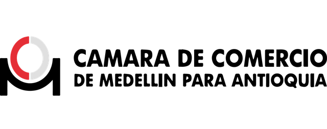 Logotipo de la Cámara de Comercio de Medellín para Antioquia que presenta un icono abstracto rojo y gris y texto negro.