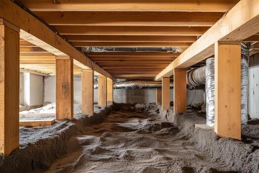 Crawlspace under a house with exposed wooden beams, insulation, and a dirt floor