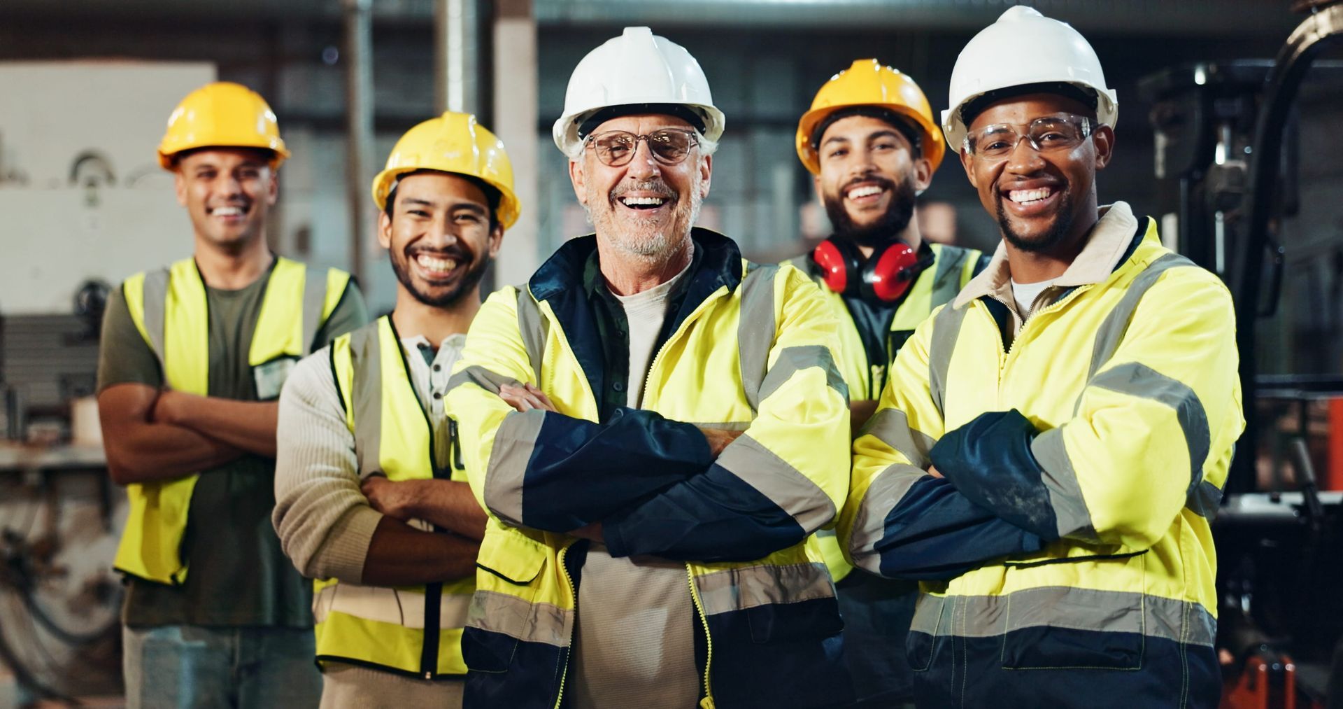 Five construction workers in hard hats and safety vests standing together, smiling at a job site