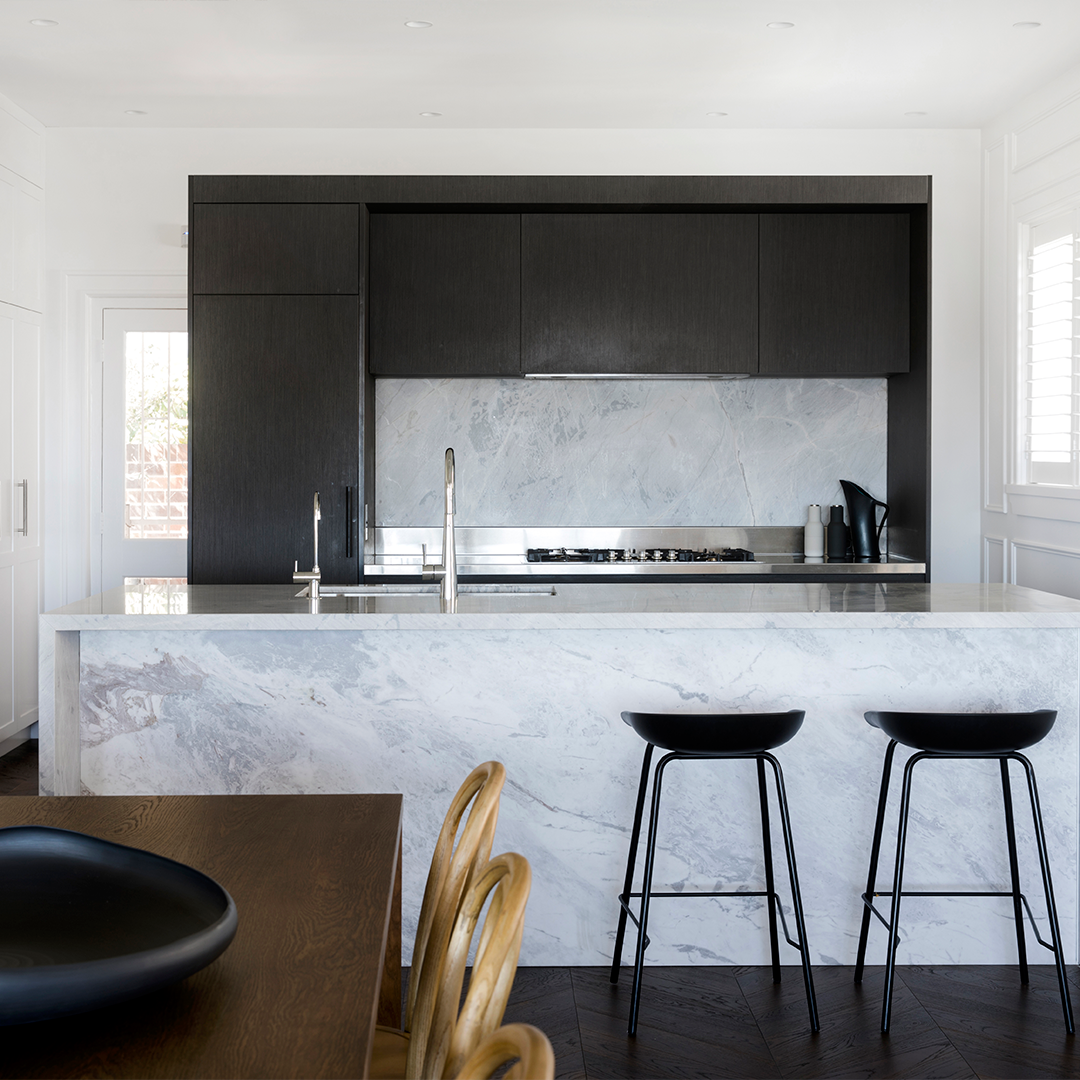 Modern Kitchen With Black Cabinetry, Marble Countertops — Burmah Constructions In Kangaroo Valley, NSW