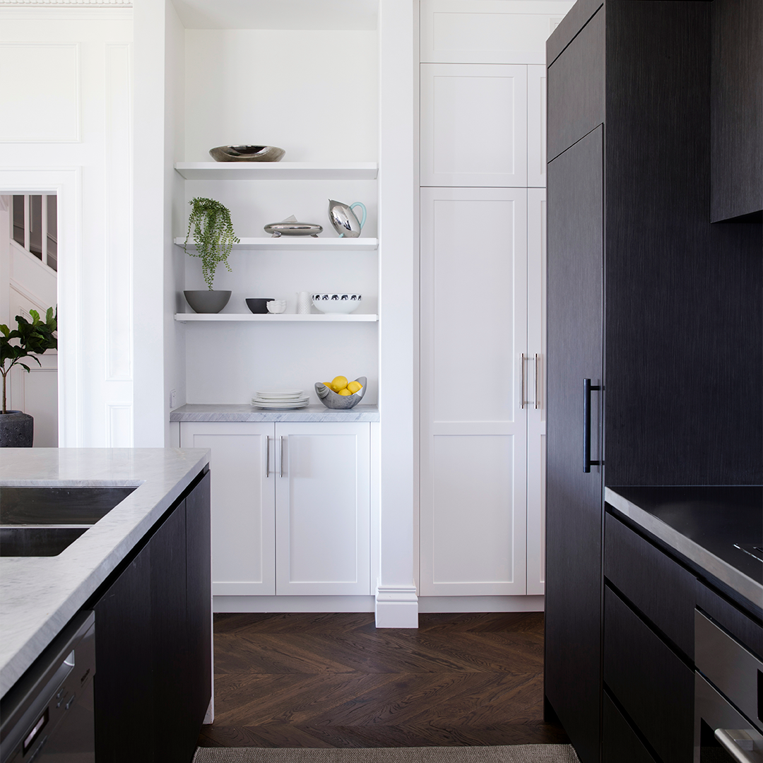 Modern Kitchen With Dark Cabinetry, White Shelving With Decor — Burmah Constructions In Kangaroo Valley, NSW