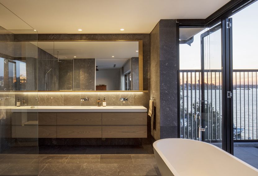 Modern Bathroom With Floating Wooden Vanity — Burmah Constructions In Kangaroo Valley, NSW