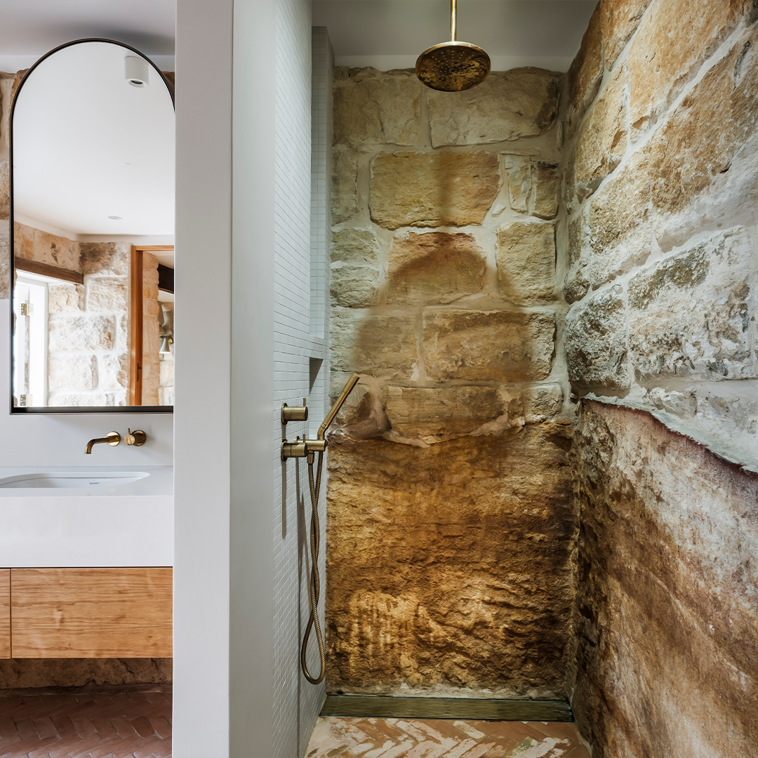 Shower With Stone Walls, Brass Fixtures — Burmah Constructions In Kangaroo Valley, NSW