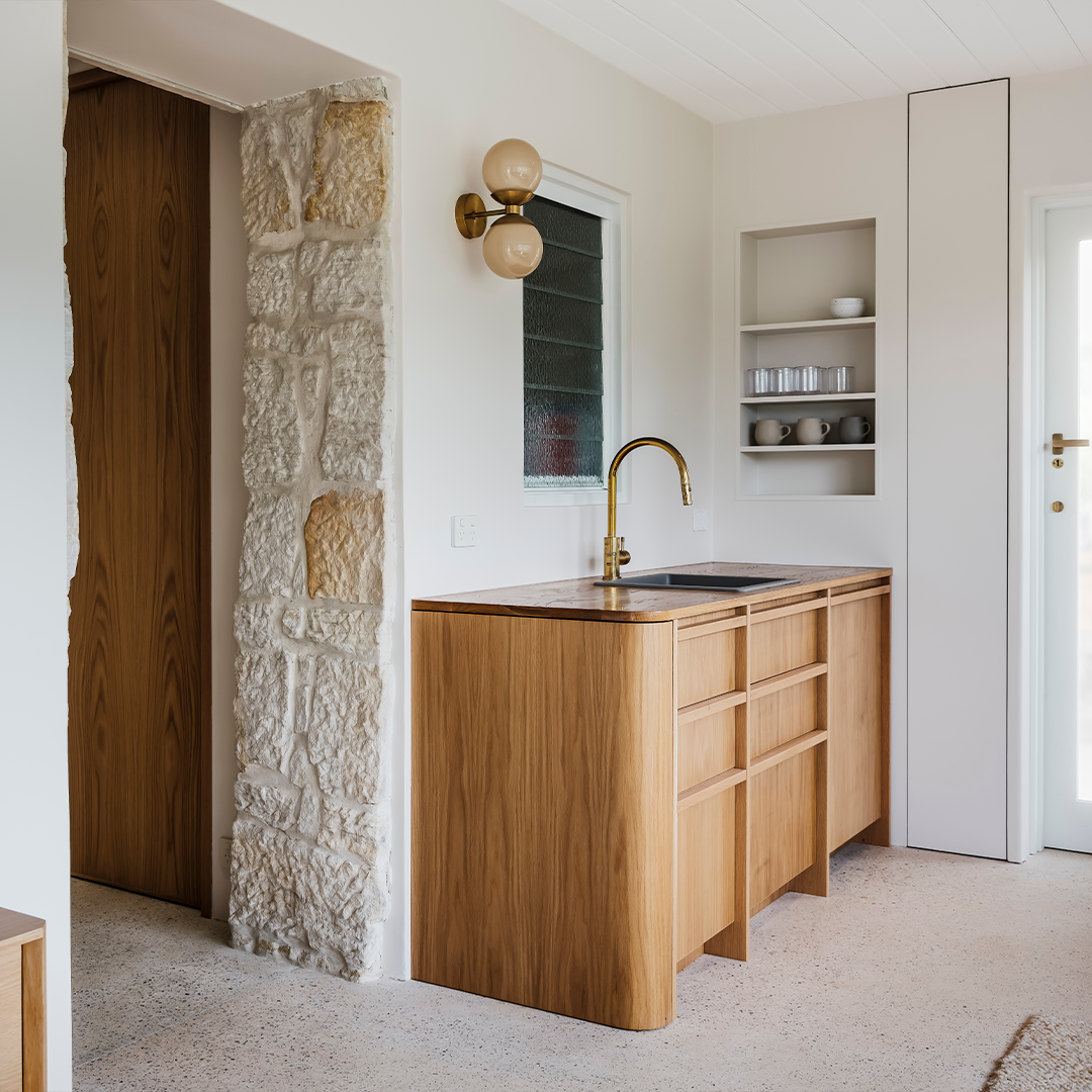 Wooden Kitchen Cabinet With a Gold Faucet and Built-in Sink — Burmah Constructions In Kangaroo Valley, NSW