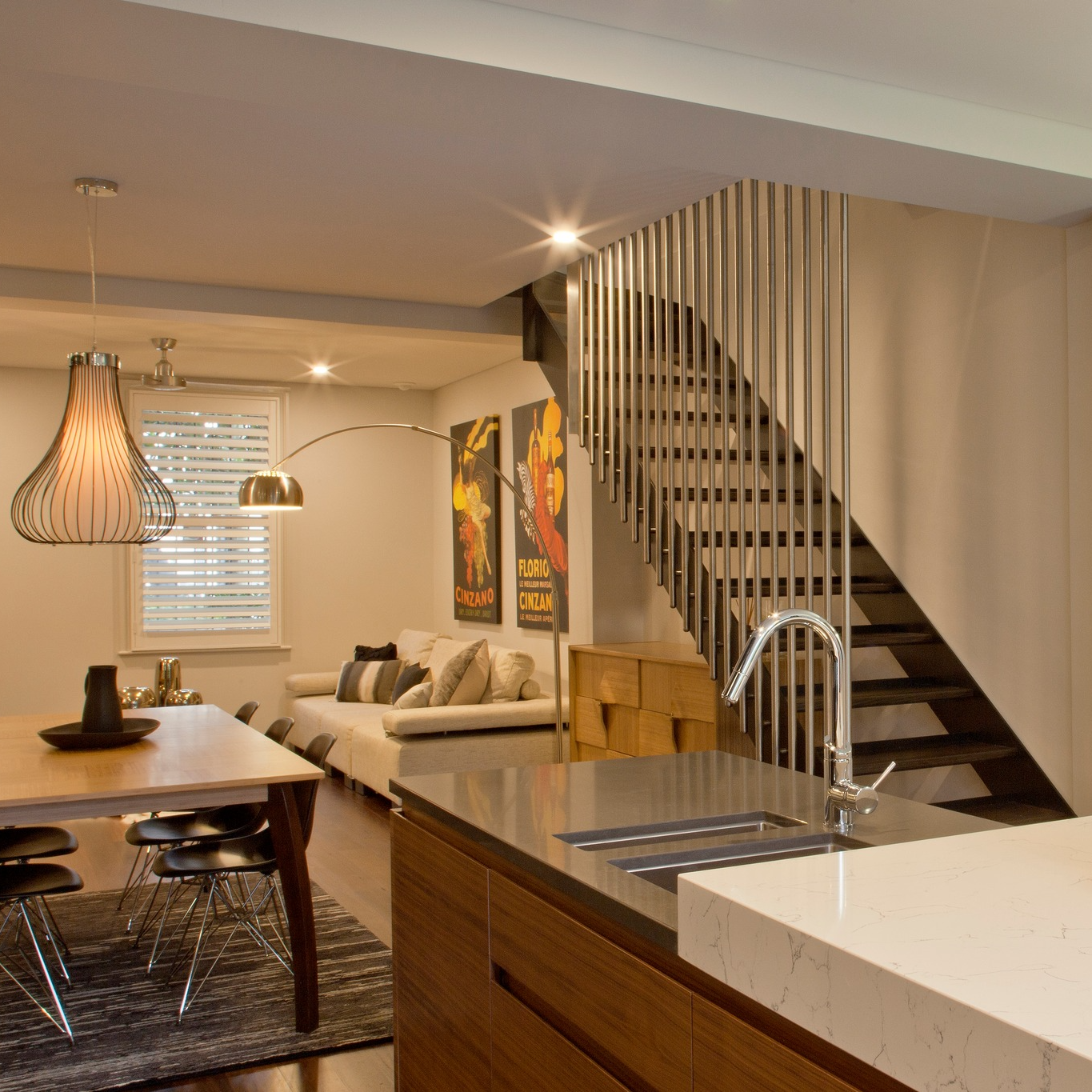 Modern Interior: Kitchen With Island, Dining Area, and Stairs Leading Up — Burmah Constructions In Kangaroo Valley, NSW