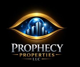 Logo for Prophecy Properties. Gold eye shape framing city skyline, starry sky, and text.