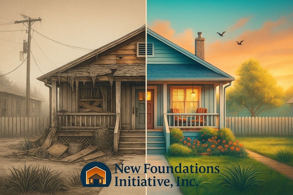 Split-view illustration of a dilapidated house transformed into a warm, renovated home at sunset.