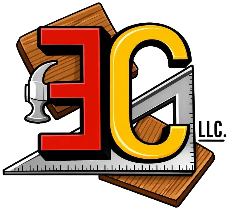 J&E LLC logo with red and yellow initials, carpenter’s square, hammer, and wood plank background