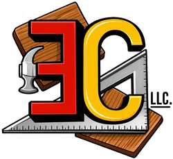 J&E LLC logo with red and yellow initials, carpenter’s square, hammer, and wood plank background