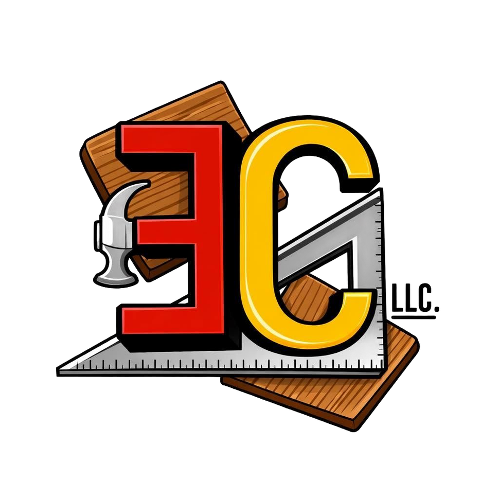 Logo with red and yellow E and C over woodworking tools, ruler, and wood planks, with “LLC” text