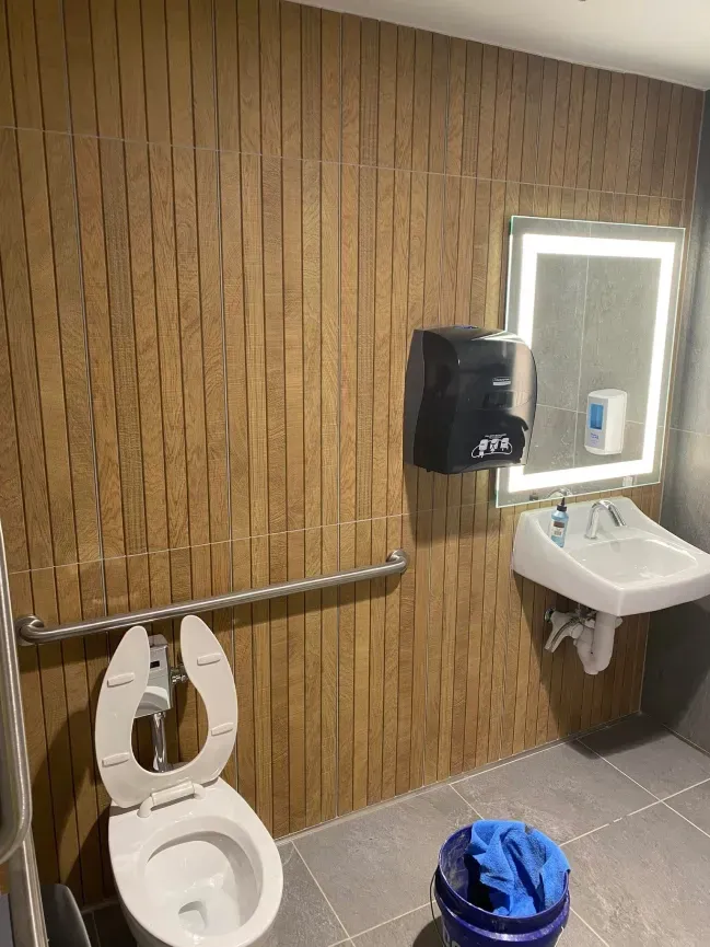 Public restroom with a toilet, sink, mirror, hand dryer, and blue trash can against wood-paneled walls.