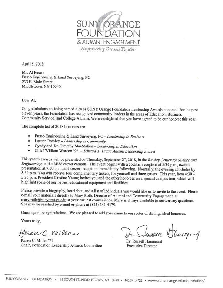 A letter from the sunt orange foundation is on a white background.