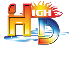 Colorful "HIGH HD" logo with orange and blue letters and flame accents on a white background