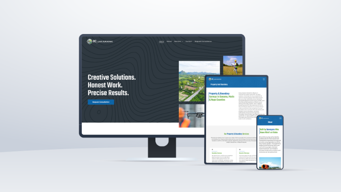 Responsive website mockup on desktop, tablet, and phone with blue-and-white screens