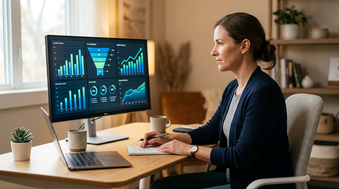 Woman working at a desk with dual monitors showing analytics dashboards in a bright home office
