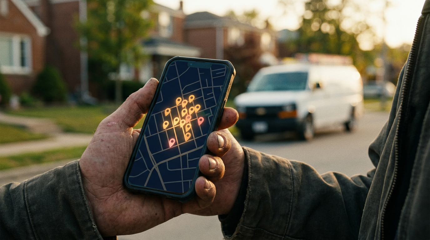 Hands holding a smartphone showing a map at dusk, with a blurred vehicle and houses in the background