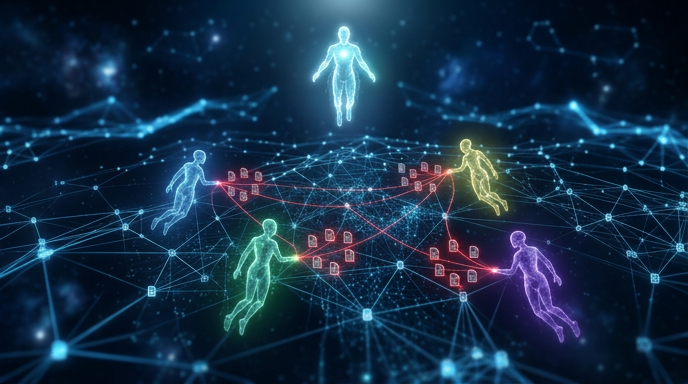 Glowing network of connected human figures and nodes on a dark digital grid, symbolizing collaboration and AI connections
