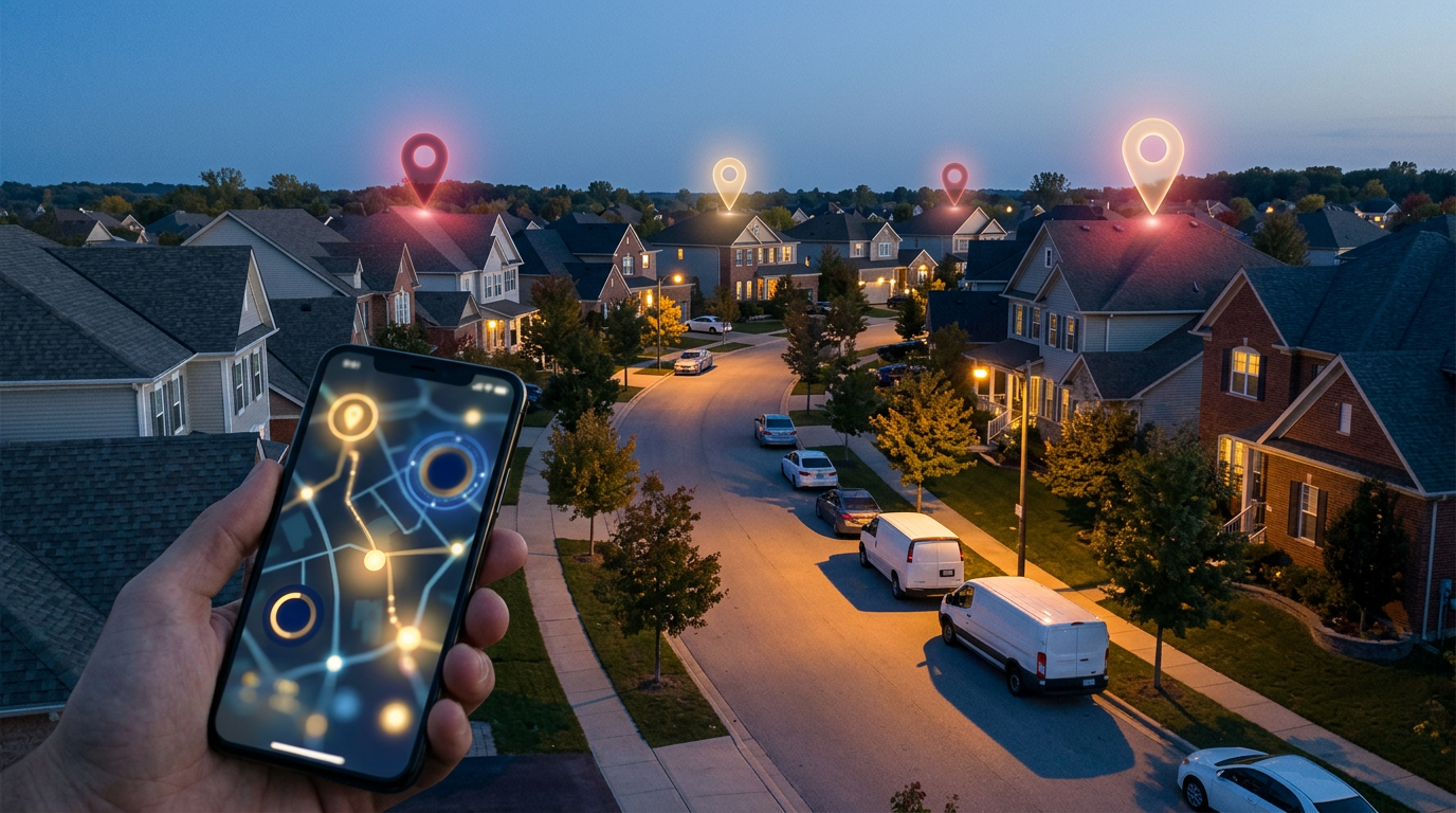 Hand holding smartphone with glowing network map overlooking a quiet suburban street at dusk