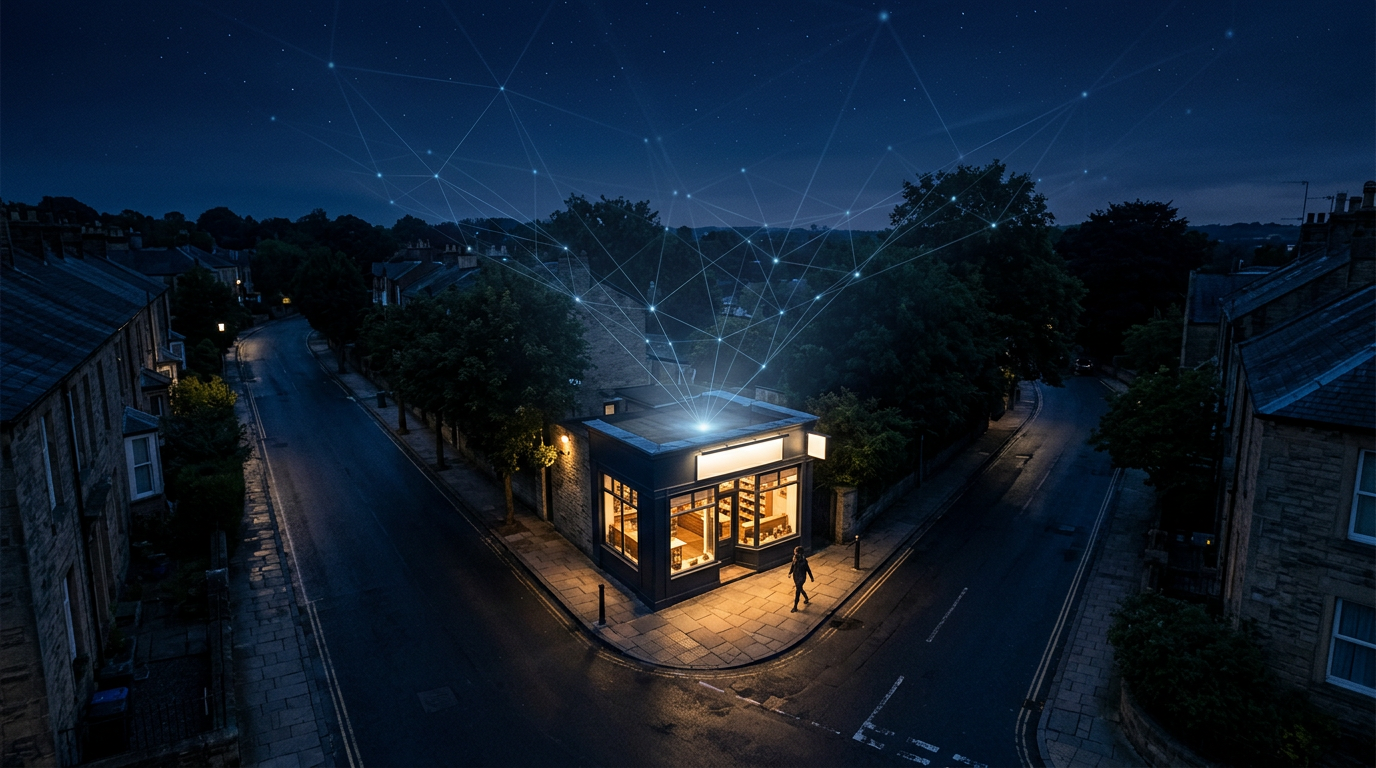 Lit corner shop at dusk on a quiet street, viewed from above between dark buildings