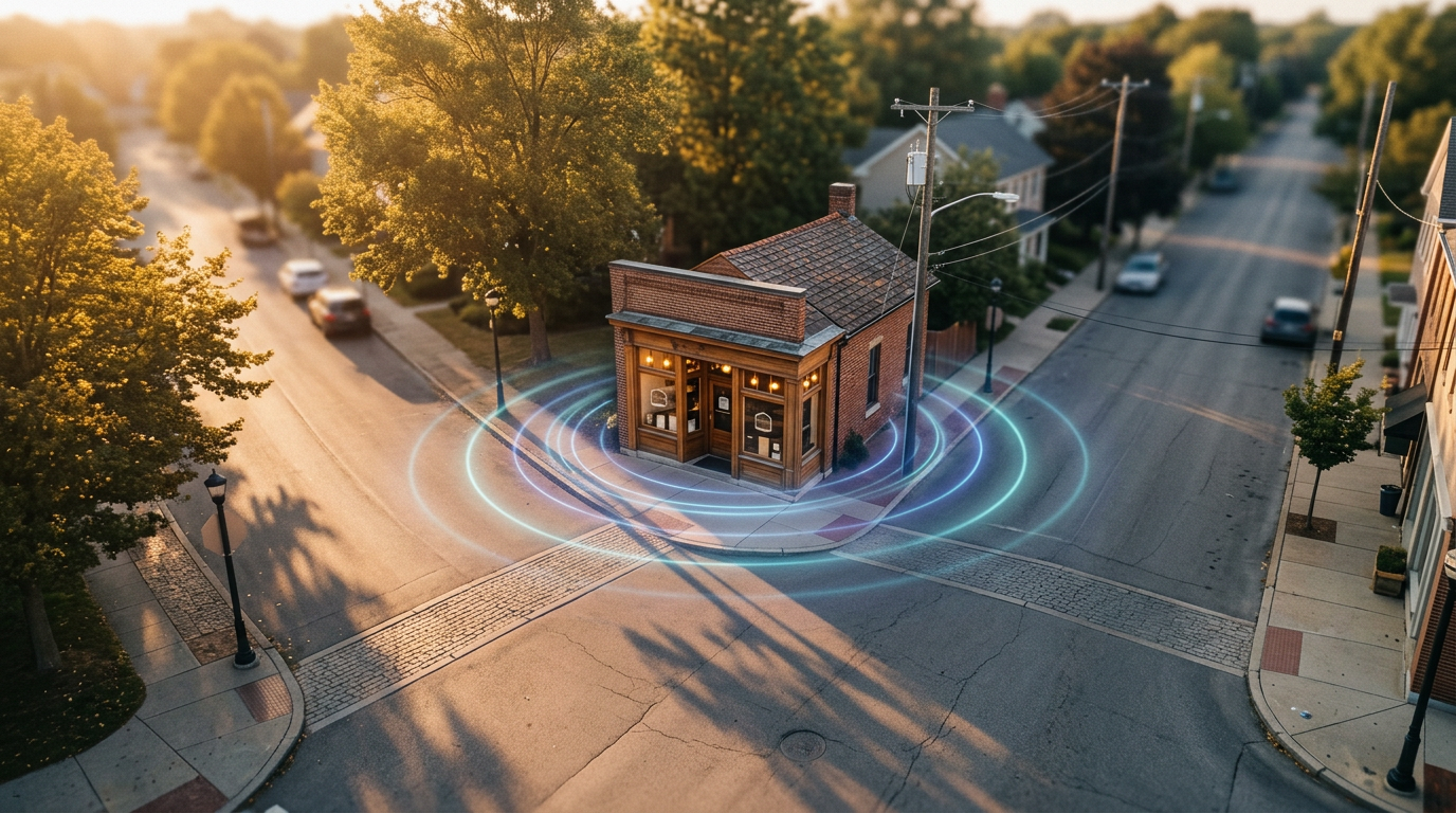 Small brick corner building at a sunlit street intersection with car light trails and trees nearby