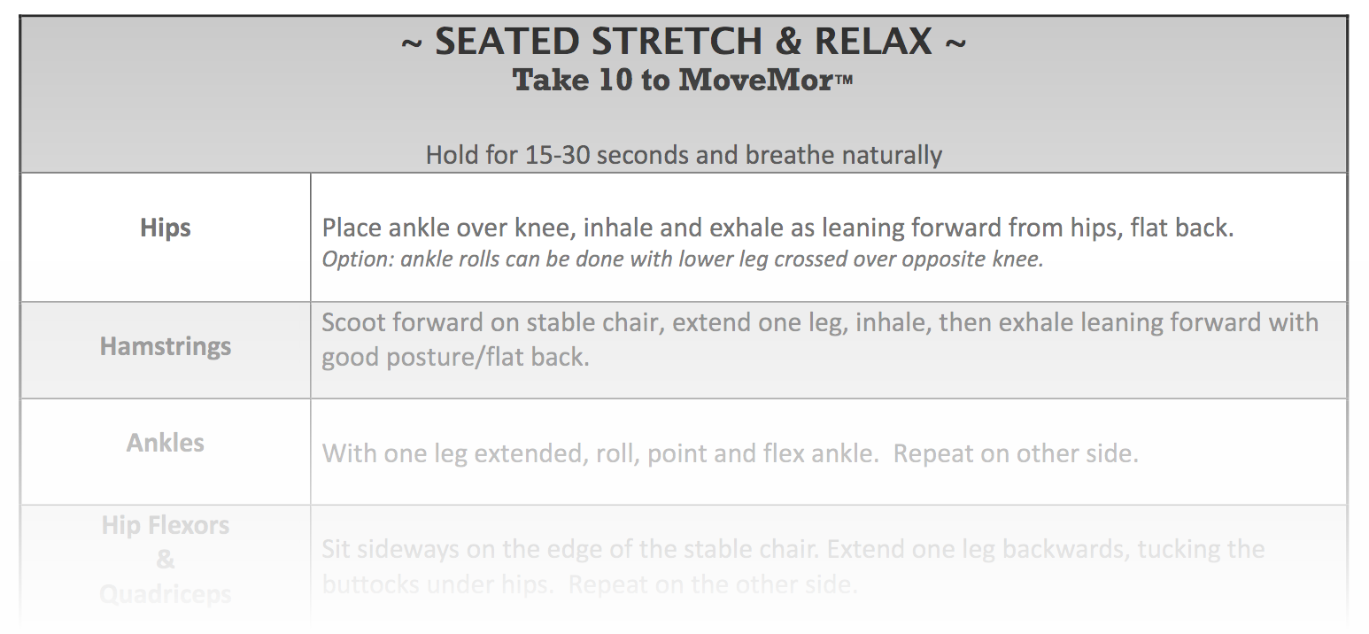 a table that says seated stretch and relax on it