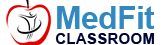 a logo for medfit classroom with an apple on it .