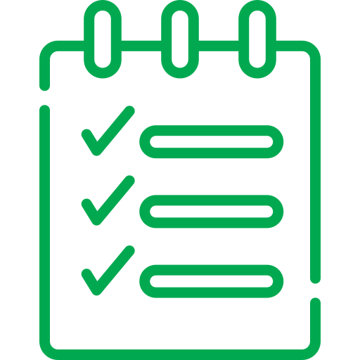 a green icon of a notebook with check marks on it .