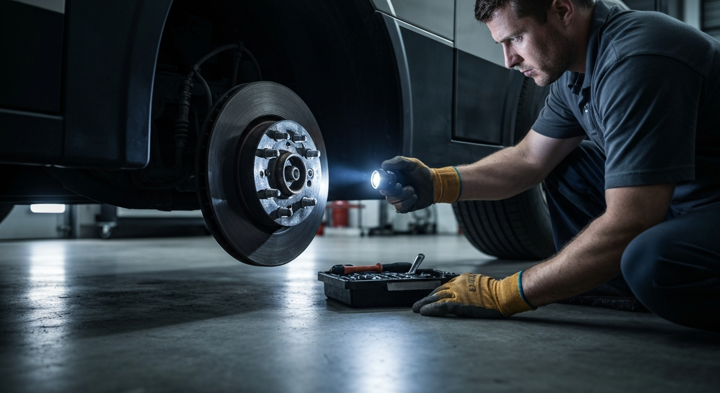 Mechanic using a wrench to work on a car brake in a garage, with a tool tray on the floor.
