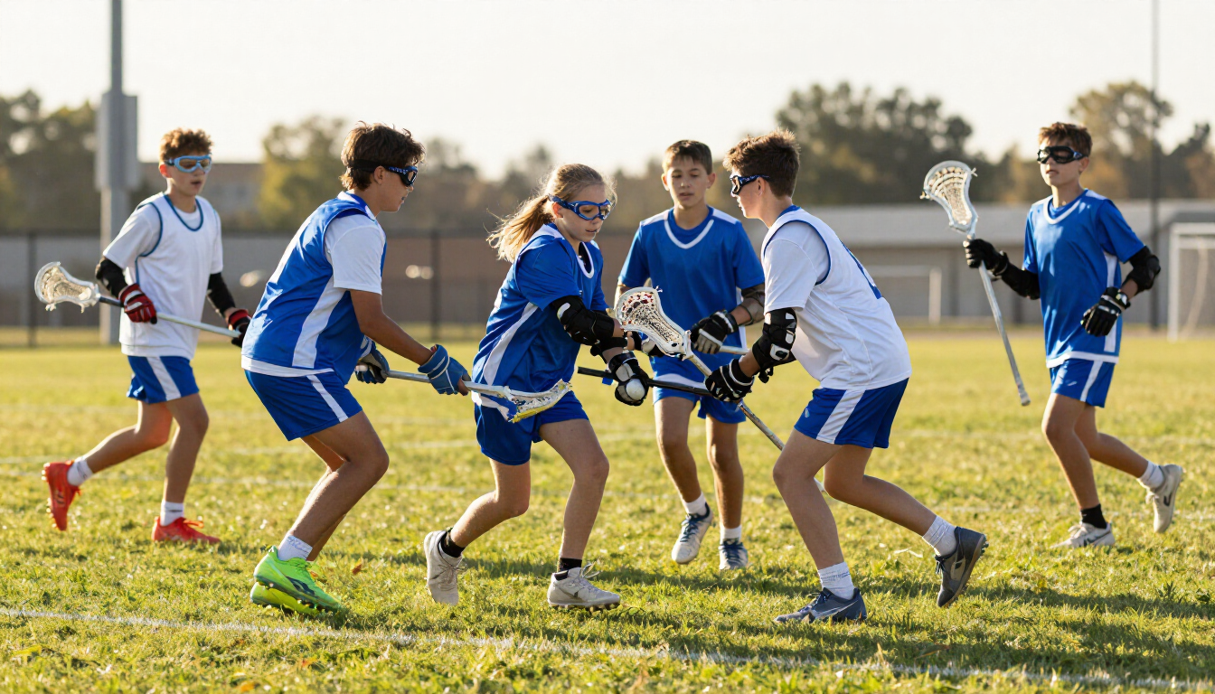 Players in blue and white uniforms contest a field hockey play on a grassy field