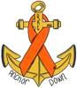 Orange awareness ribbon with crossed pistols and curved text reading “Reach Down.”