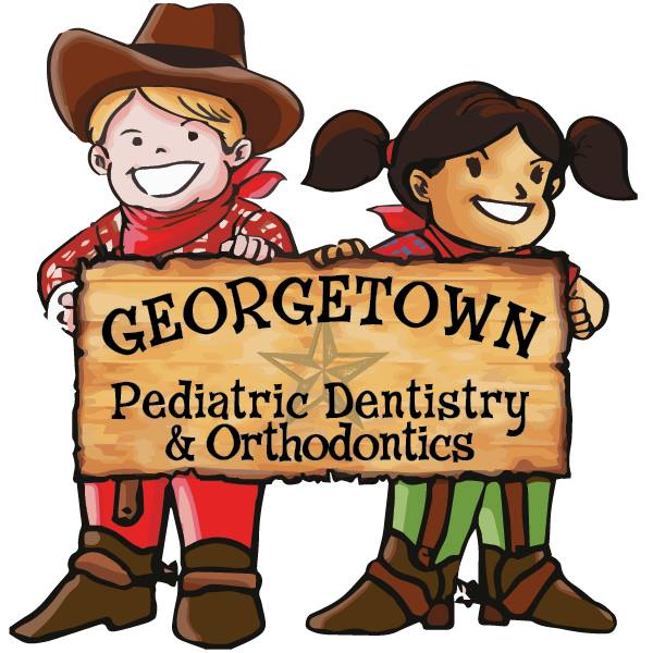 Georgetown Pediatric Dentistry & Orthodontics logo with smiling cartoon cowboy and girl holding a sign