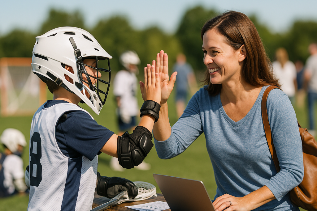 Parent and youth athlete high-five at a lacrosse field, smiling beside a laptop