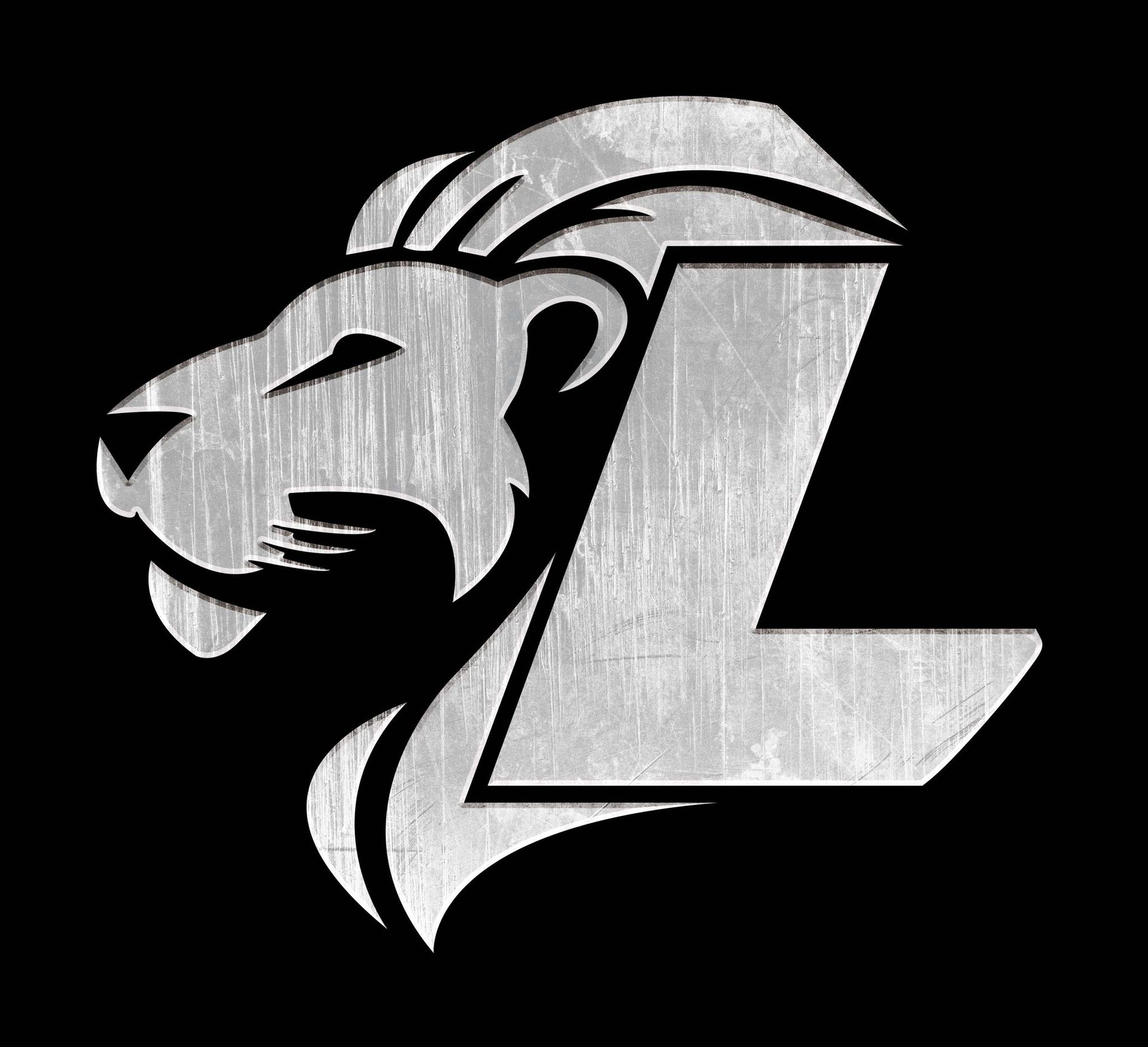 Stylized silver lion head beside a large metallic letter L on a black background