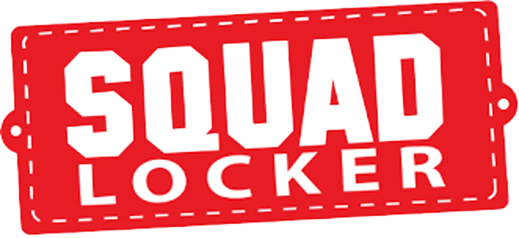 Red and white “Squad Locker” logo on a tag-shaped background
