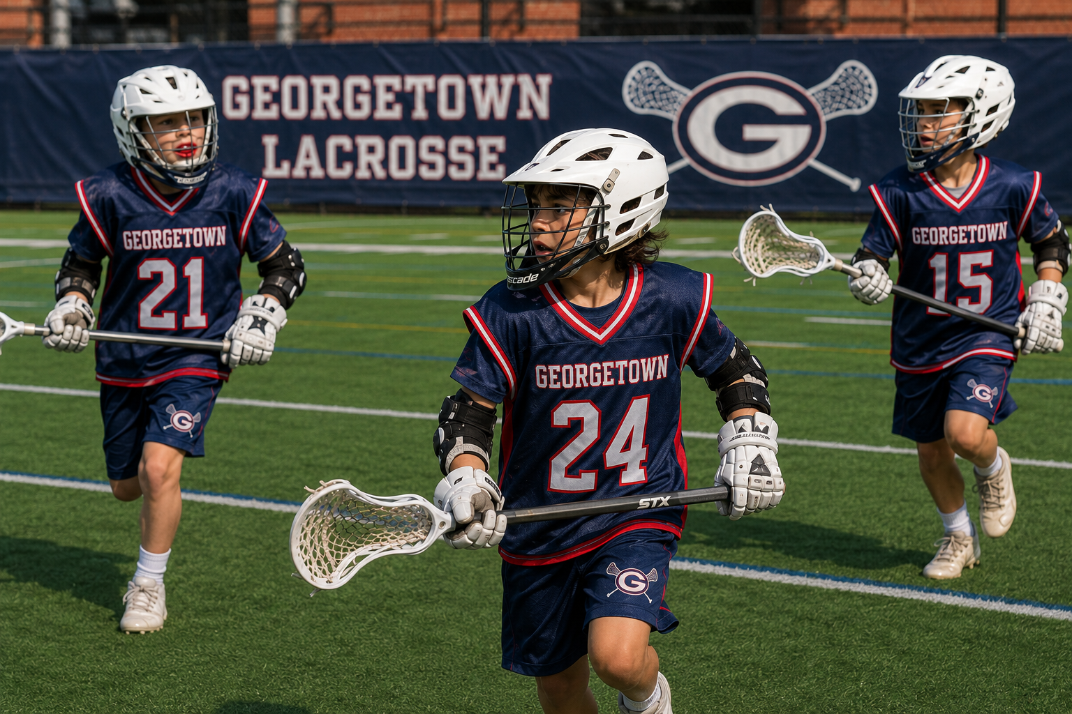 Three Georgetown lacrosse players in navy uniforms running on a field with sticks, number 24 centered