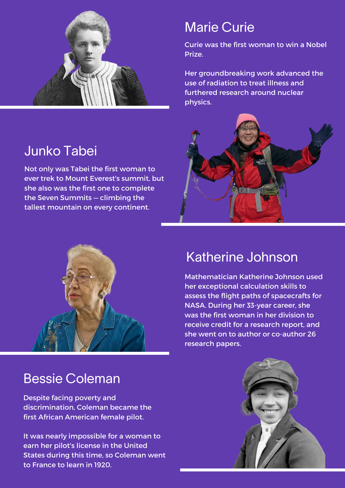 A purple poster with four pictures of women on it.